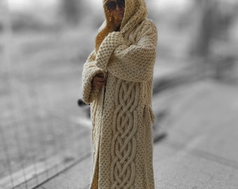 Wool cable knit cardigan coat, Oversize deep hooded cardigan , Volume sleeves hand knit coat, Chunky knit maxi coat, Floor length cardigan