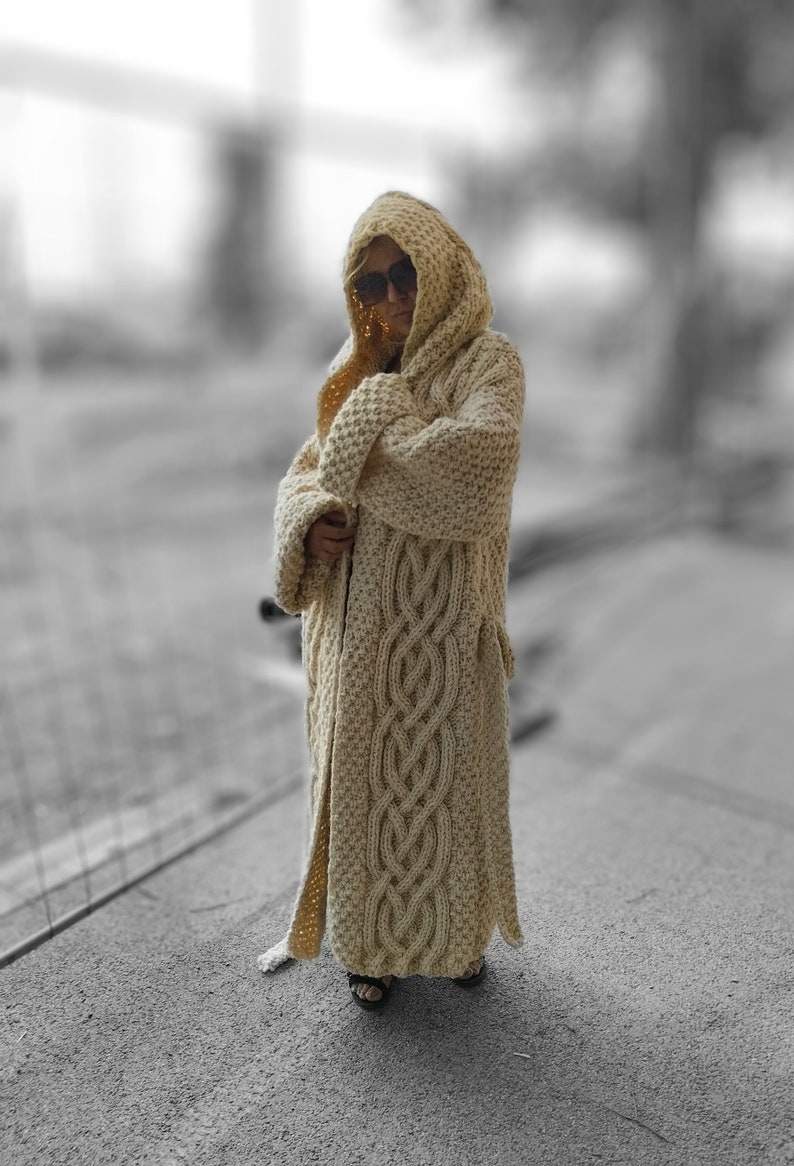 Wool cable knit cardigan coat, Oversize deep hooded cardigan , Volume sleeves hand knit coat, Chunky knit maxi coat, Floor length cardigan image 1