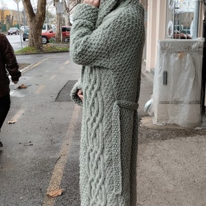 Wool cable knit cardigan coat, Oversize deep hooded cardigan , Volume sleeves hand knit coat, Chunky knit maxi coat, Floor length cardigan image 5
