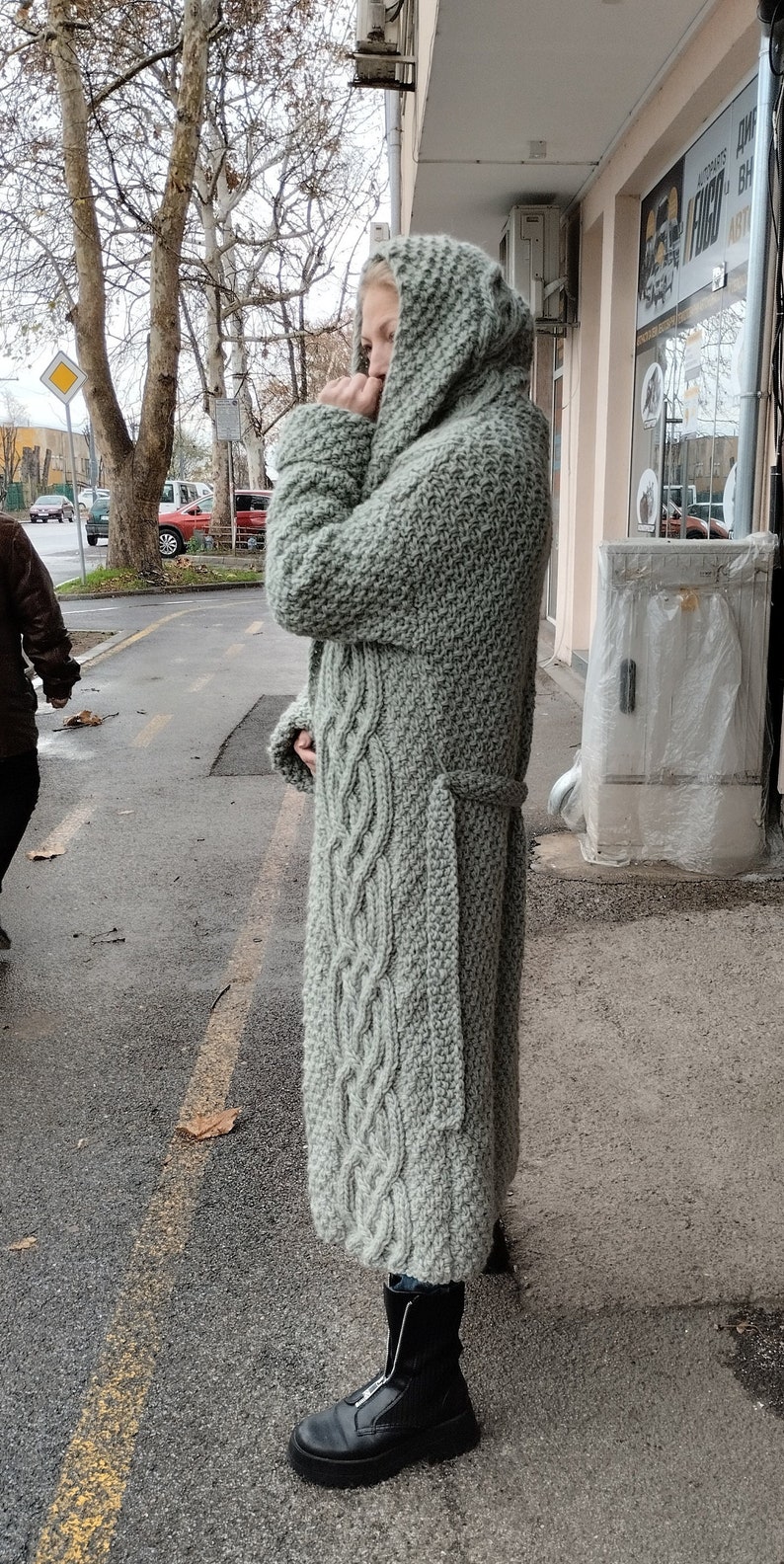 Wool cable knit cardigan coat, Oversize deep hooded cardigan , Volume sleeves hand knit coat, Chunky knit maxi coat, Floor length cardigan image 5