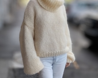 Fluffy mohair sweater, Turtleneck mohair thick pullover, Oversize balloon sleeves