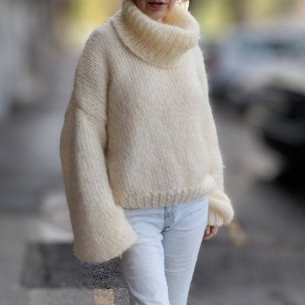 Fluffy mohair sweater, Turtleneck mohair thick pullover, Oversize balloon sleeves