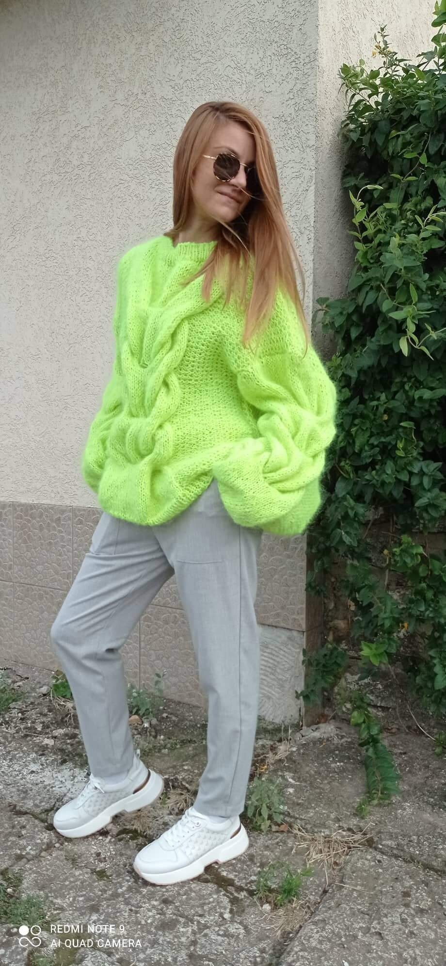 Neon Green Yellow Mohair Oversize Pullover Volume Sleeves Cable