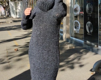 Wool knit sweater dress, Long slim fit turtleneck dress, Chunky knit floor length dress