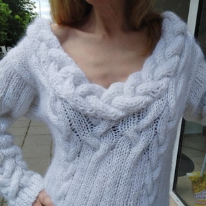 Mohair angora sweater, Deep V neck turtleneck, Thick mohair fluffy jumper, Hand cable knit long pullover