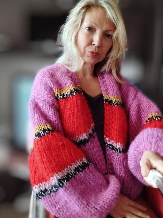 Mohair Fuchsia Bomber Cardigan, Striped Color Fluffy Short Loose