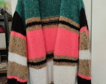 Ready to ship, Mohair crop cardigan, Color block chunky knit sweater bomber, Volume balloon sleeves, Striped multicolor neon jacket