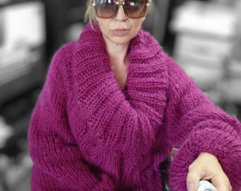 Mohair oversize thick sweater, Fluffy fuchsia long knit pullover, Giant huge oversize turtleneck, Balloon raglan sleeve