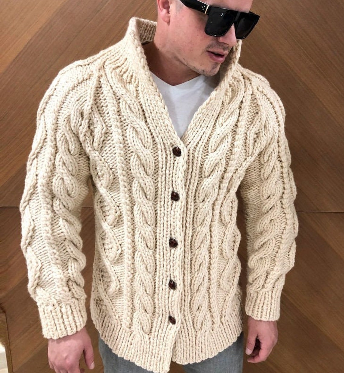 Hand Knit Wool Cardigan for Men Cable Knit Thick Men Sweater - Etsy