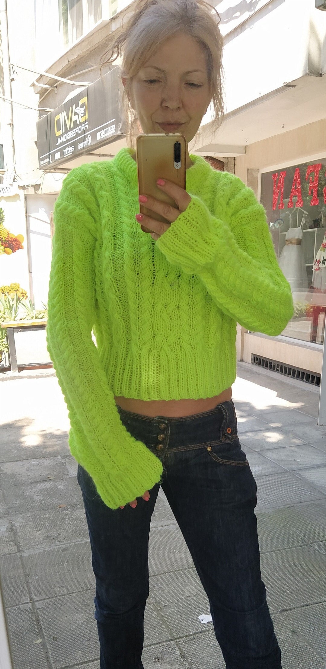 Yellow Angora Ready to Ship, Neon Yellow Green Angora Mohair Sweater, Hand Knit Aran ...