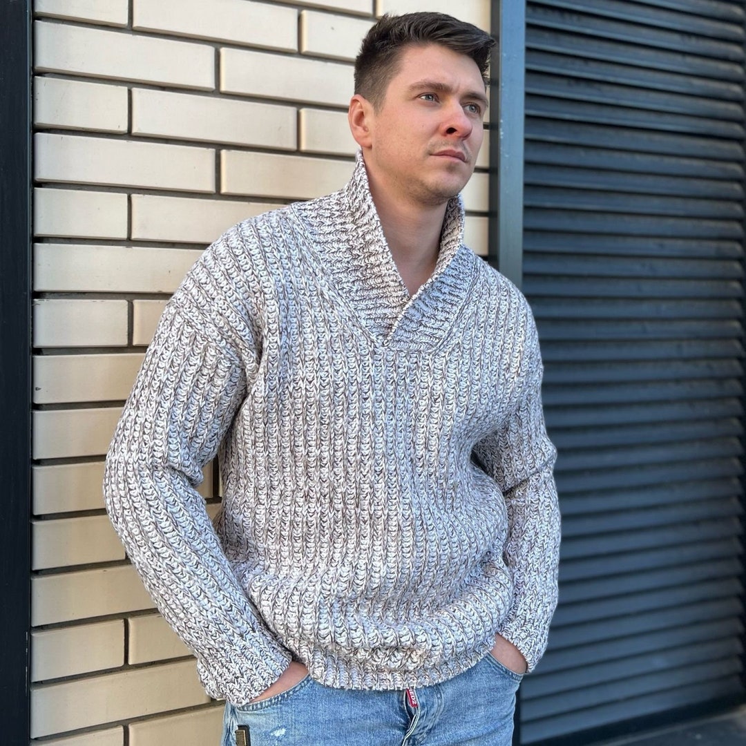 textured knit shawl collar sweater for men