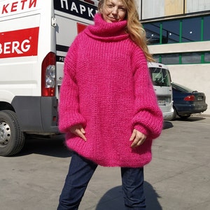 Pull Vintage Mohair Woof Design Newfoundland Années 80 - Taille L Femme - Fuchsia Et Noir