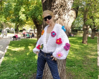 3D flowers crop cardigan, Bulky yarn colodal cardigan, Daisy cardigan, Volume sleeves, Oversize cardigan, Ready to ship
