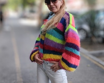 Rainbow crop Jacket,  Festival Pride fluffy cardigan, Volumes balloon  fuzzy sleeves, Colourfull striped long mohair hairy cardigan