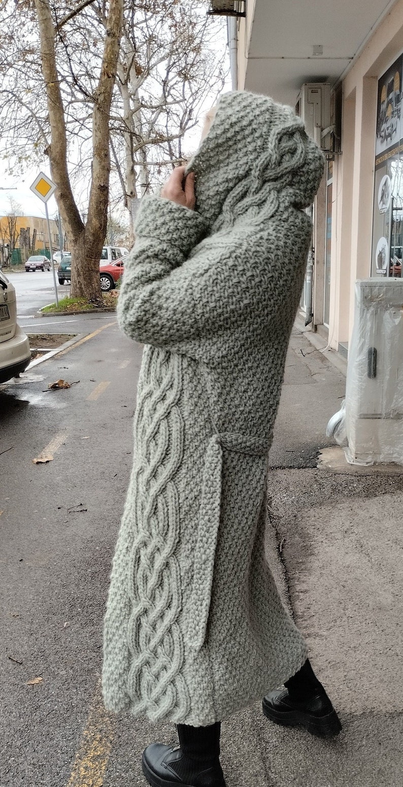 Wool cable knit cardigan coat, Oversize deep hooded cardigan , Volume sleeves hand knit coat, Chunky knit maxi coat, Floor length cardigan image 3