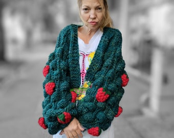 Crop strawberry green cardigan, Bubble sleeves whith big strawberry sweater, Oversize balloon sleeves bomber, Chunky knit wool jacket