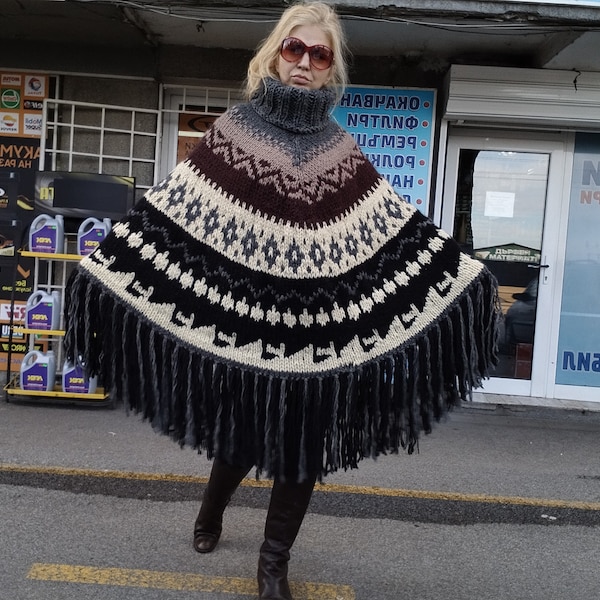 Ponchos en pure laine, poncho péruvien oversize jacquard tricoté à la main, châle en grosses mailles, ponchos à franges, ponchos énormes très épais