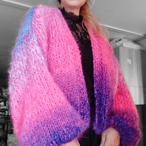 Mohair crop sweater cardigan, Colorful multicolored neon fuschia ombre striped jacket, Balloon sleeves, Slouchy oversized bomber