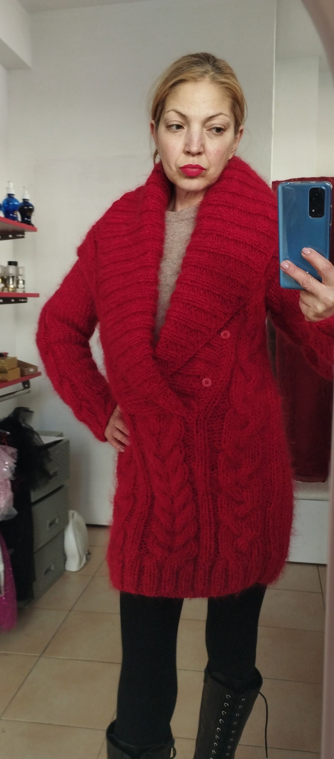 Fluffy Cream Mohair Blend High Neck Oversized Speckled Knit Sweater