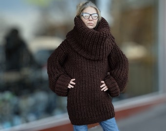 Very long turtleneck,English ribbed  wool pullover, Hand knit loose sweater, Thick wool huge turtleneck jumper, Chunky knit oversize sweater