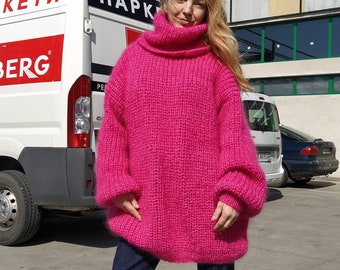 Thick mohair oversize sweater , Fluffy fuchsia long knit pullover, Giant huge oversize turtleneck, English ribbed pullover, Balloon sleeves