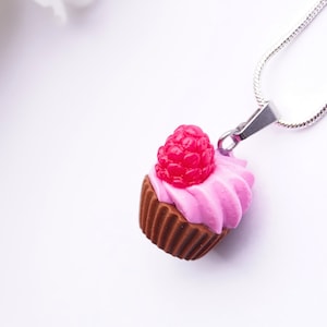 Cupcake necklace, handmade in polymer clay, chocolate and raspberry, stainless steel chain, jewelry, miniature bakery, cute, realistic