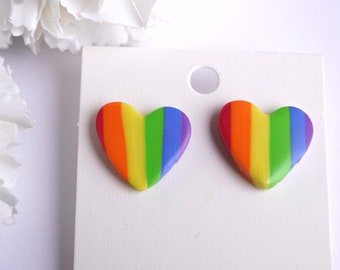 Pride earrings, handmade in polymer clay, studs, stainless steel, nickel free, rainbow heart, LGBTQ+, cute, small hearts, colours, unique