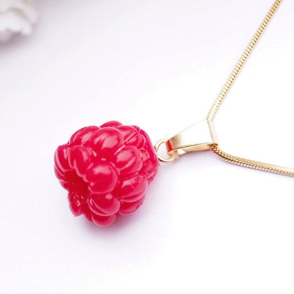 Collier framboise, fait main en pâte polymère, acier inoxydable, sans nickel, réaliste, mignon, beau, baies, bijoux, unique, délicat,