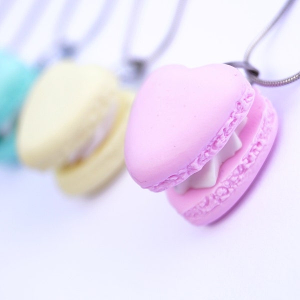 Collier macaron, fait main en argile polymère, plusieurs couleurs, acier inoxydable, réaliste, boulangerie miniature, mignon, sucré, en forme de coeur, cadeau