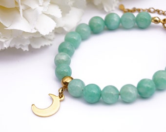 Bracelet de perles de jade avec lune, fait à la main, pierres précieuses semi-précieuses, vert, acier inoxydable doré, élégant, beau, luxueux, cadeau