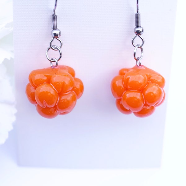 Cloudberry earrings, handmade in polymer clay, nickel free, light weight, realistic and cute, forest berries, jewelry, summer gift, hjortron