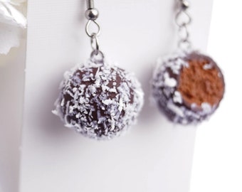 Chokladboll earrings, handmade in polymer clay, lightweight, stainless steel, nickel free, sweets, miniature bakery, swedish chocolate balls