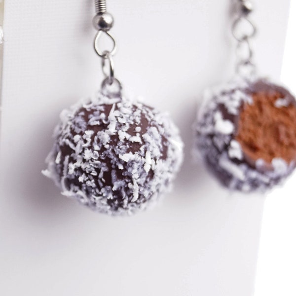 Chokladboll earrings, handmade in polymer clay, lightweight, stainless steel, nickel free, sweets, miniature bakery, swedish chocolate balls