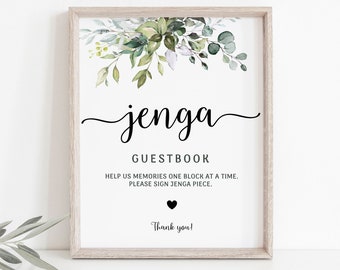 Greenery Wedding Jenga Guestbook Sign, Libro degli ospiti Jenga stampabile di eucalipto, 8x10- 5x7, Segno di matrimonio, Download istantaneo
