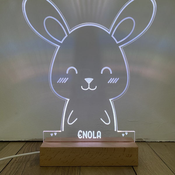 Lampe LED plexi Animaux personnalisée socle bois, veilleuse enfant bébé, cadeau naissance, baptème, anniversaire, fête, décoration