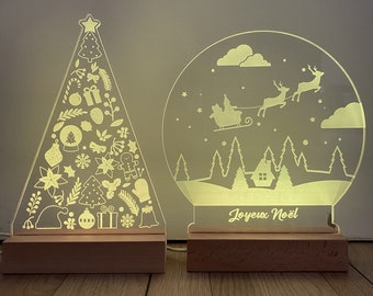Lampe LED plexi Noël socle bois, veilleuse enfant bébé, cadeau fêtes, décoration lumineuse