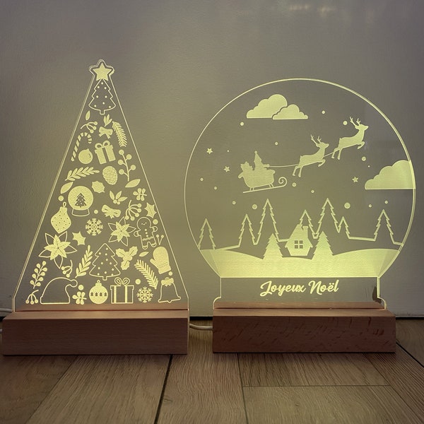 Lampe LED plexi Noël socle bois, veilleuse enfant bébé, cadeau fêtes, décoration lumineuse