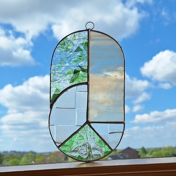 Peace Glas Sonnenfänger Suncatcher Handarbeit Deko Fensterdeko Buntglas Glaskunst Geschenk Wanddeko Fensterschmuck Bild Frieden boho