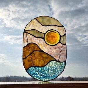 Glass sun catcher decoration sun window decoration handmade picture gift suncatcher wall decoration geometric retro modern glass art window decoration mountain