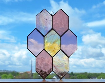 Glas Sonnenfänger Suncatcher Modern Art Geschenk Handarbeit Fensterdeko Bild Glaskunst Shabby Wanddeko Hexagon Fensterschmuck Boho Pastell