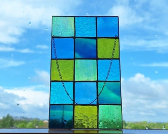 Glas Sonnenfänger Suncatcher Modern Bild Deko Shabby Handarbeit Quadrat Wanddeko Fensterdeko Buntglas Grün Licht Glaskunst Fensterschmuck