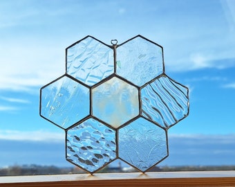 Sonnenfänger Glas Suncatcher Geschenk Deko Handarbeit  Hexagon Biene Wabe Wanddeko Fensterschmuck Glaskunst Glasschmuck boho Buntglas