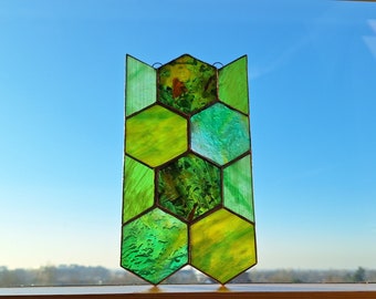 Glas Sonnenfänger Retro Suncatcher Hexagon Deko Bild Handarbeit Biene Honigwabe Geschenk Glaskunst Fensterdeko Fensterschmuck Boho Unikat