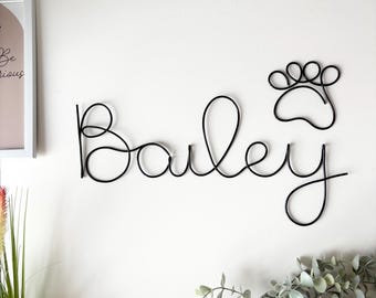 Wire dog name personalised sign for wall decor with paw print