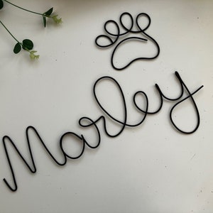 Wire dog name personalised sign for wall decor with paw print