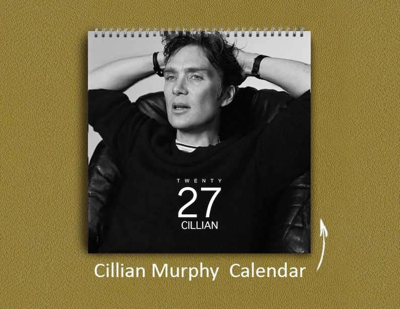 May include: A square wall calendar featuring a black and white portrait of Cillian Murphy with hands behind the head. The text reads TWENTY 27 CILLIAN. The calendar is spiral bound at the top and displays a monochromatic photograph of the actor sitting in a dark leather chair against a plain background.