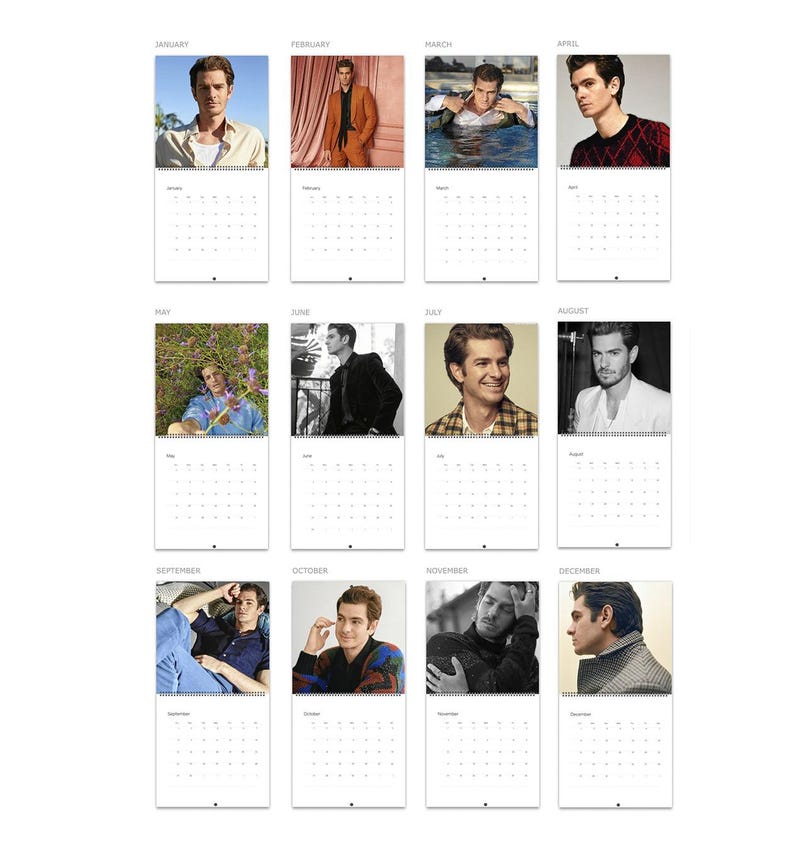 May include: A twelve-month wall calendar featuring a collection of twelve distinct photographs of actor Andrew Garfield, with each month labeled from January to December above a grid of dates for the year, printed on white paper with black text.