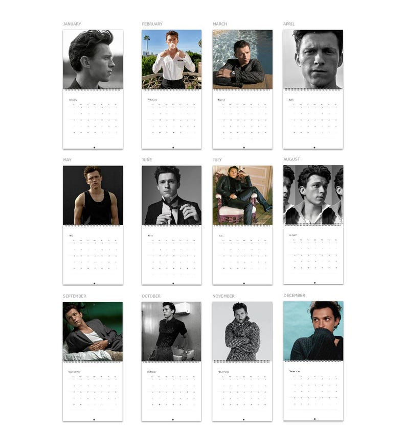 K&ouml;nnte beinhalten: Ein Wandkalender f&uuml;r zw&ouml;lf Monate mit schwarz-wei&szlig;en und farbigen Fotografien des Schauspielers Tom Holland. Jede Seite zeigt ein Monatsraster mit dem Monatsnamen oben und pr&auml;sentiert verschiedene Portr&auml;ts des Schauspielers in Outfits.