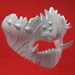 May include: White plastic mask with a detailed, textured design resembling a snarling beast. The mask has sharp, pointed teeth and horns.