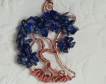 Tree of life Moon pendant in copper and Lapis lazuli crystals